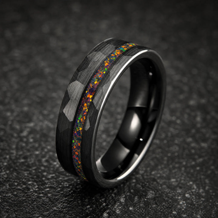 The Caldera hammered tungsten and fire opal ring - hero view