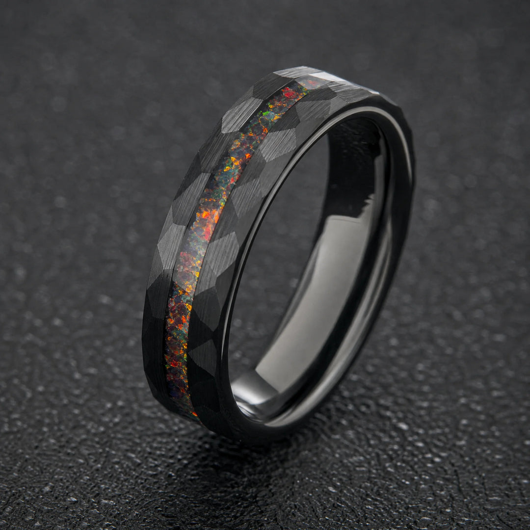 The Caldera hammered tungsten and fire opal ring - inner view