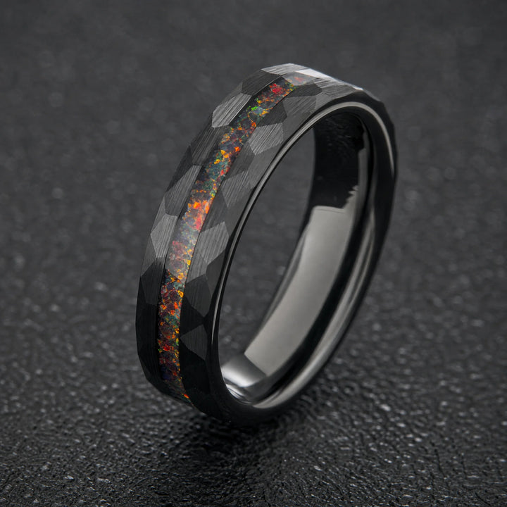 The Caldera hammered tungsten and fire opal ring - inner view