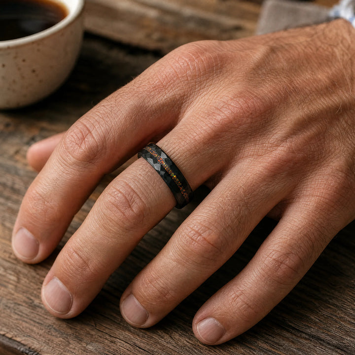 The Caldera hammered tungsten and fire opal ring - on-hand view