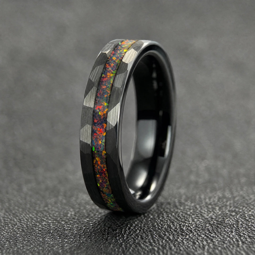 The Caldera hammered tungsten and fire opal ring - side view