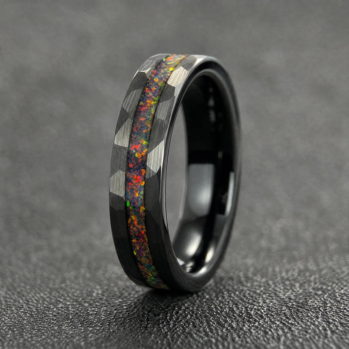 The Caldera hammered tungsten and fire opal ring - side view
