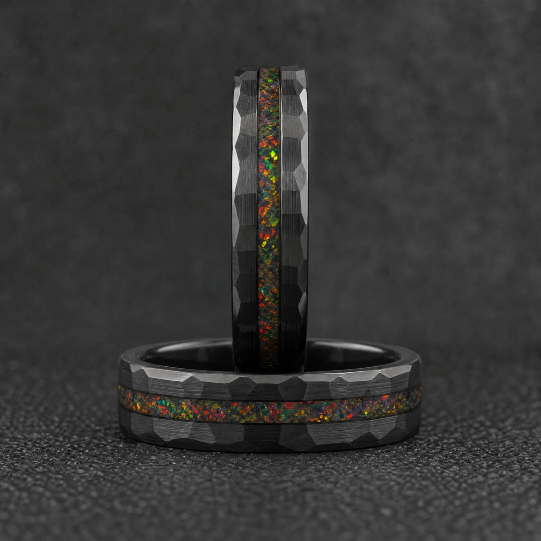 The Caldera hammered tungsten and fire opal ring - stacked view