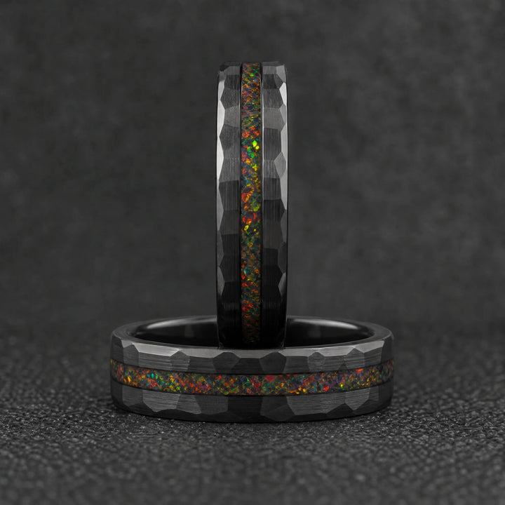The Caldera hammered tungsten and fire opal ring - stacked view