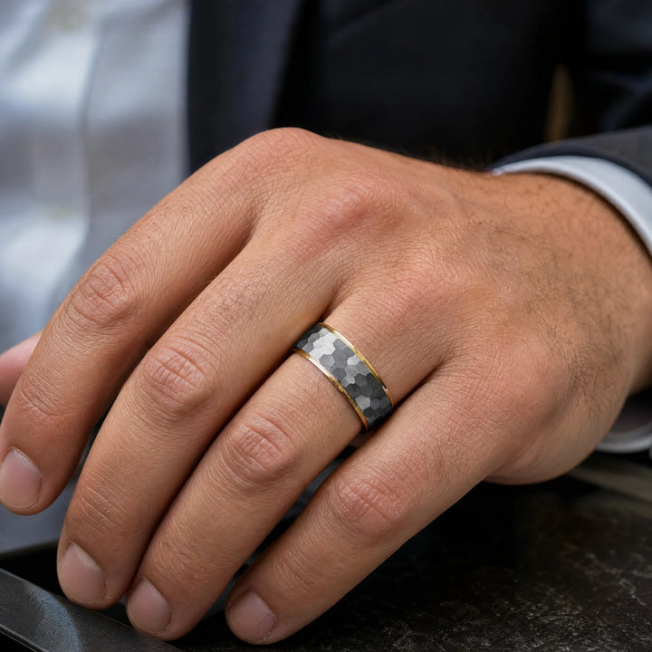 The Carapace Tungsten and 18K Gold ring - on-hand view