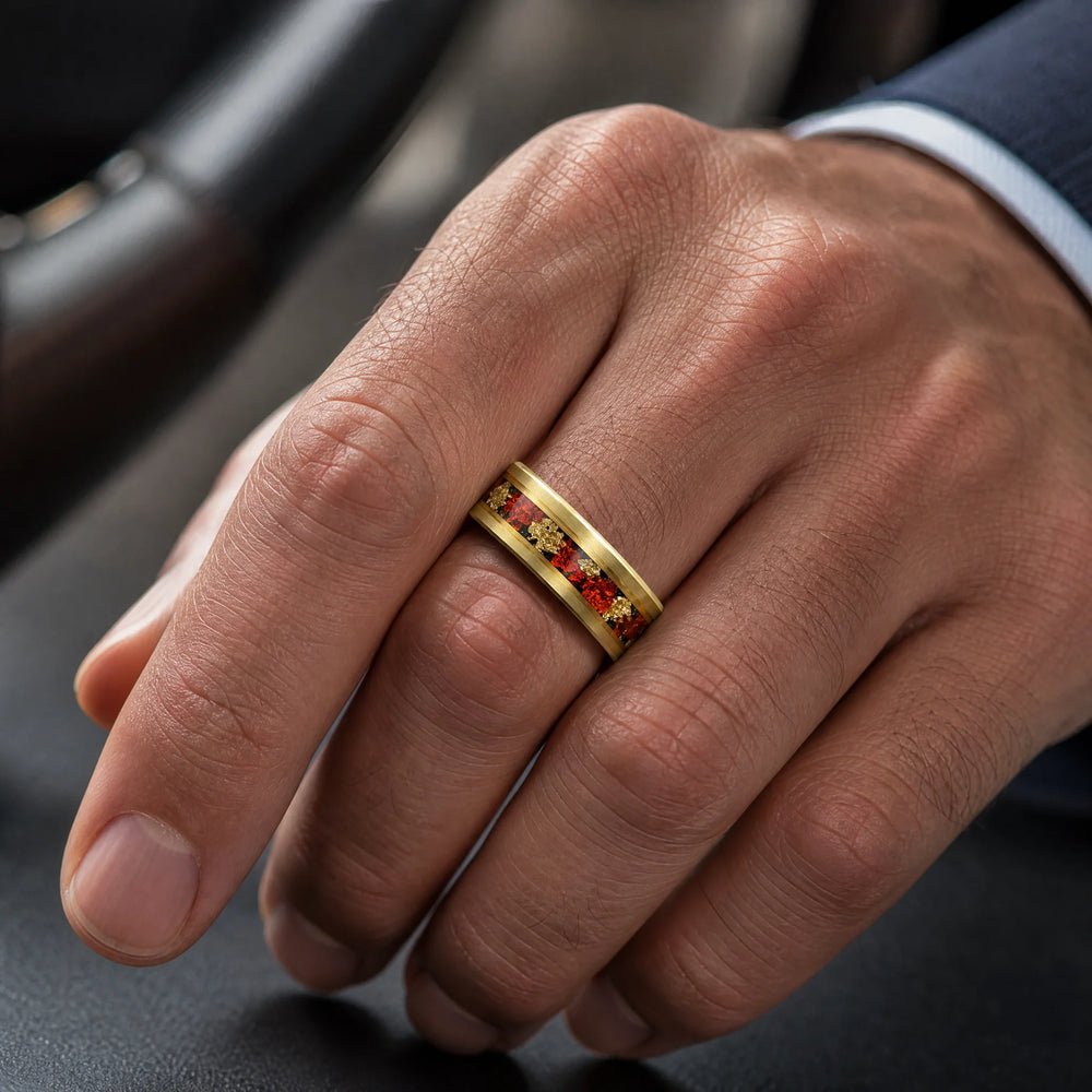 The Cinnabar 18K gold and crushed ruby ring - on-hand view