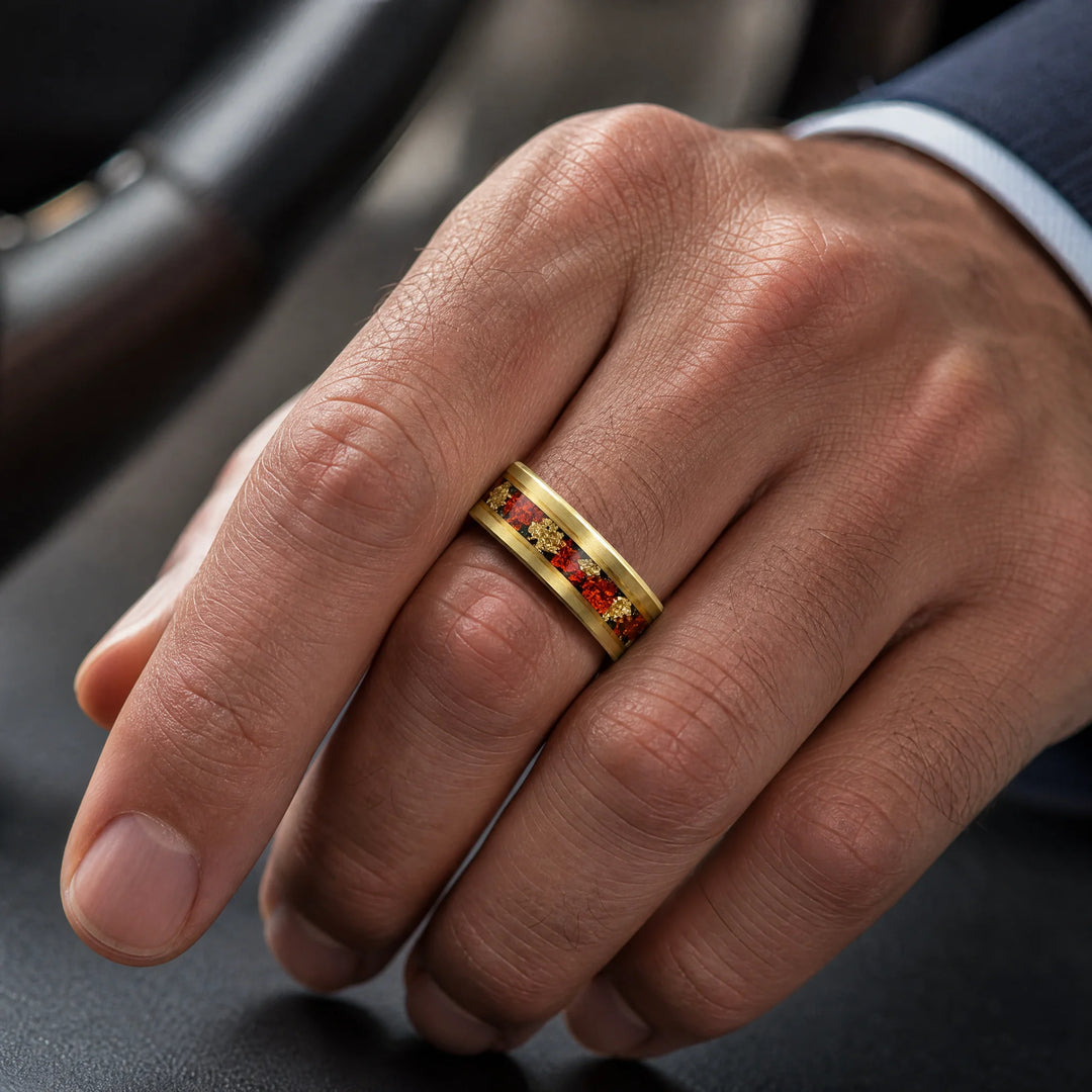 The Cinnabar 18K gold and crushed ruby ring - on-hand view