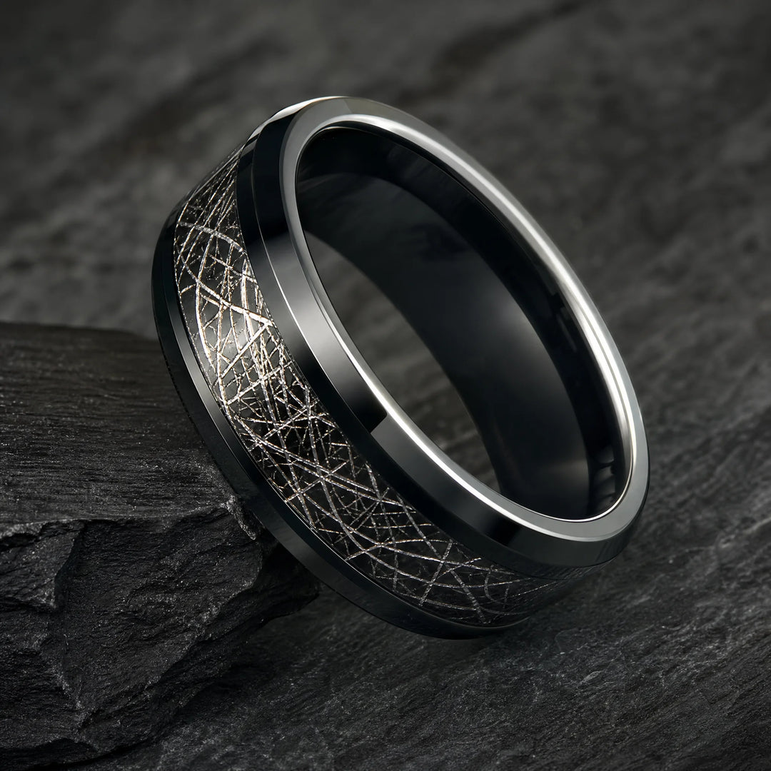 The Cipher meteorite tungsten ring - angled view