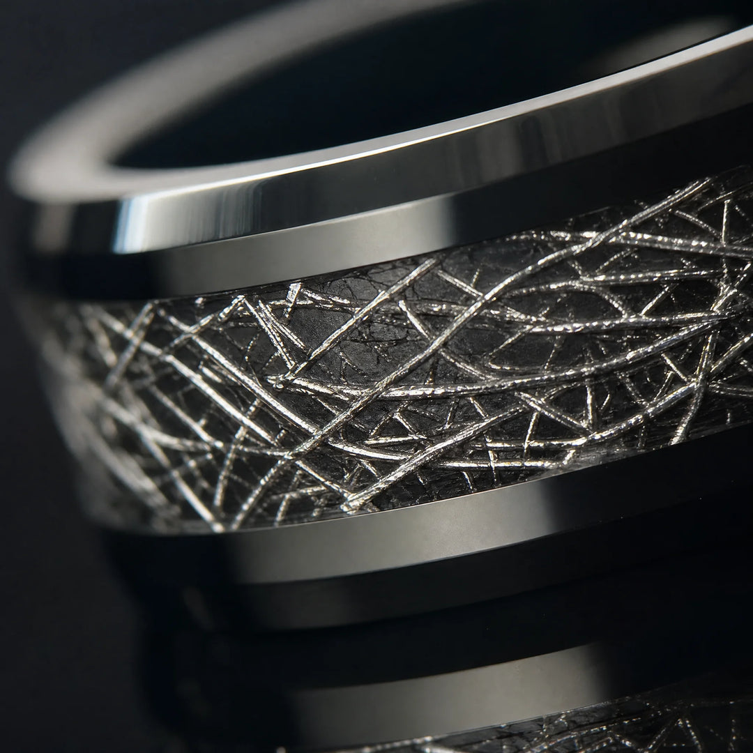 The Cipher meteorite tungsten ring - detail view