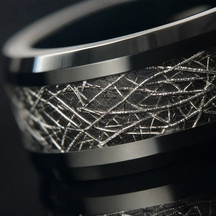 The Cipher meteorite tungsten ring - detail view