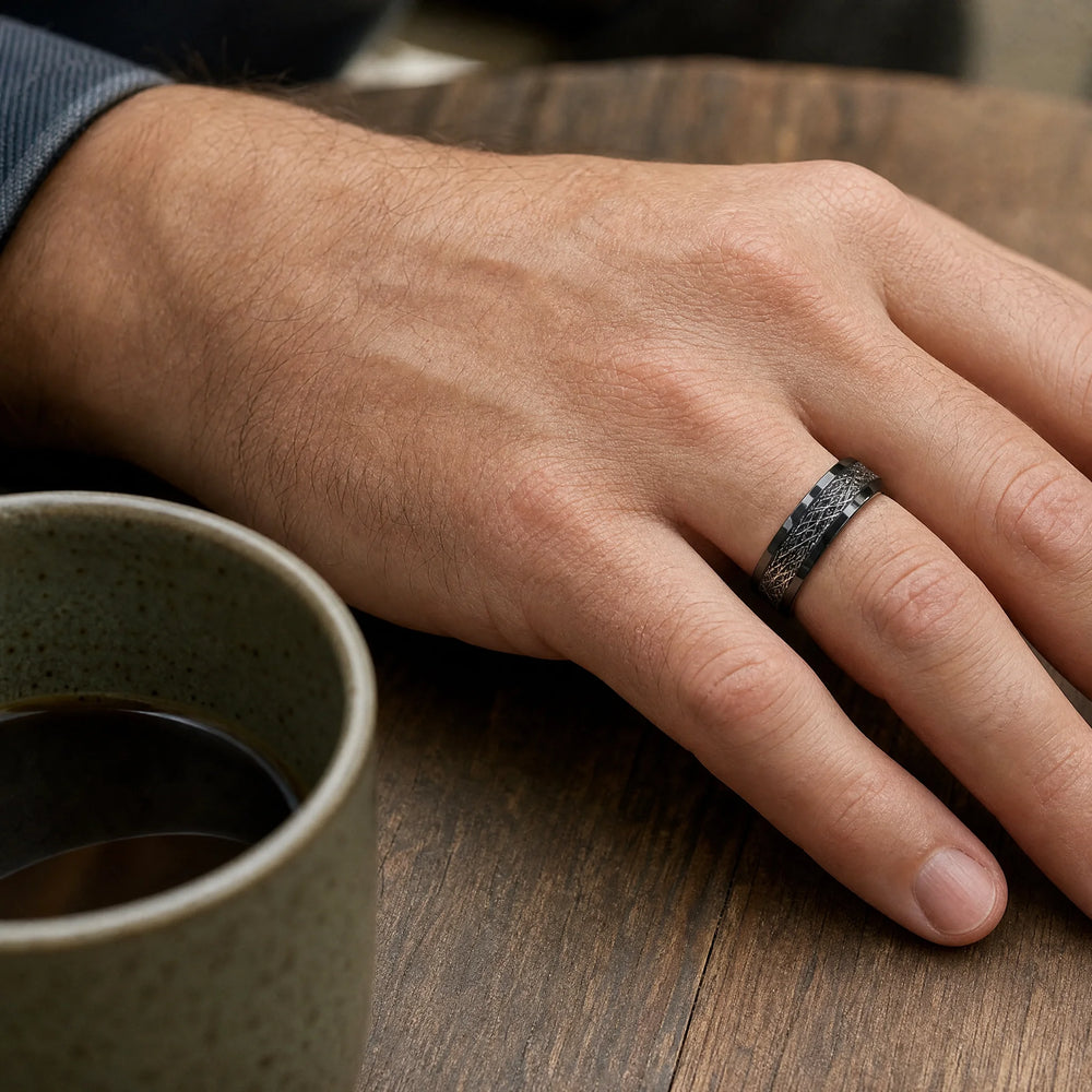 The Cipher meteorite tungsten ring - on-hand view