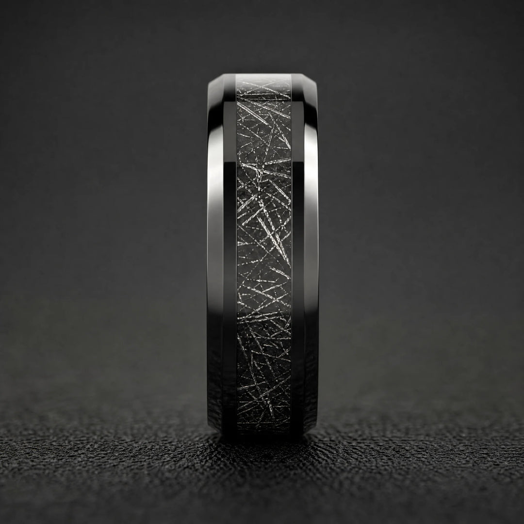 The Cipher meteorite tungsten ring - side view