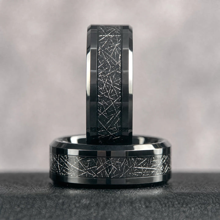 The Cipher meteorite tungsten ring - stacked view