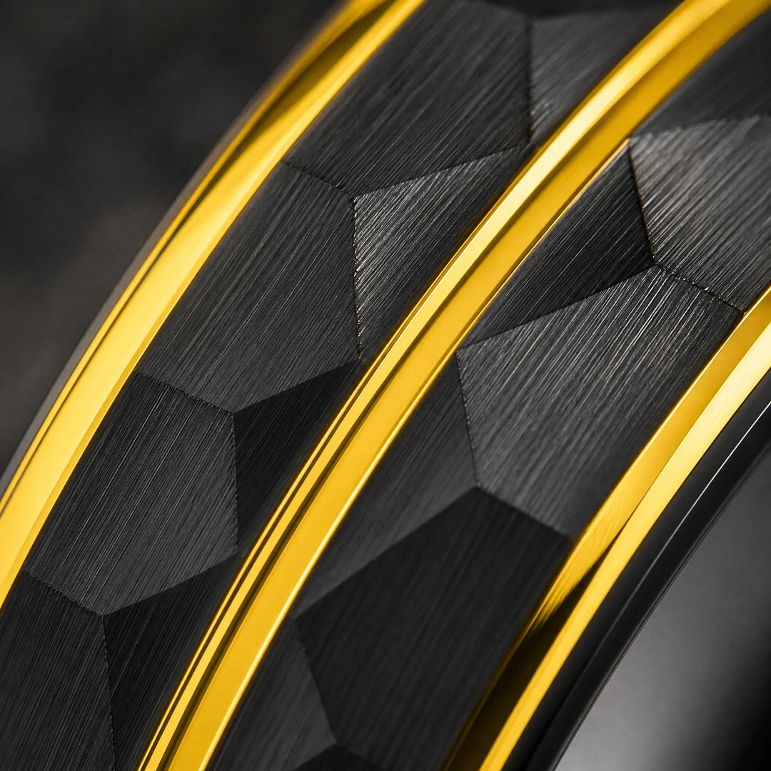 The Citadel Hammered Black Tungsten and Gold ring - detail view