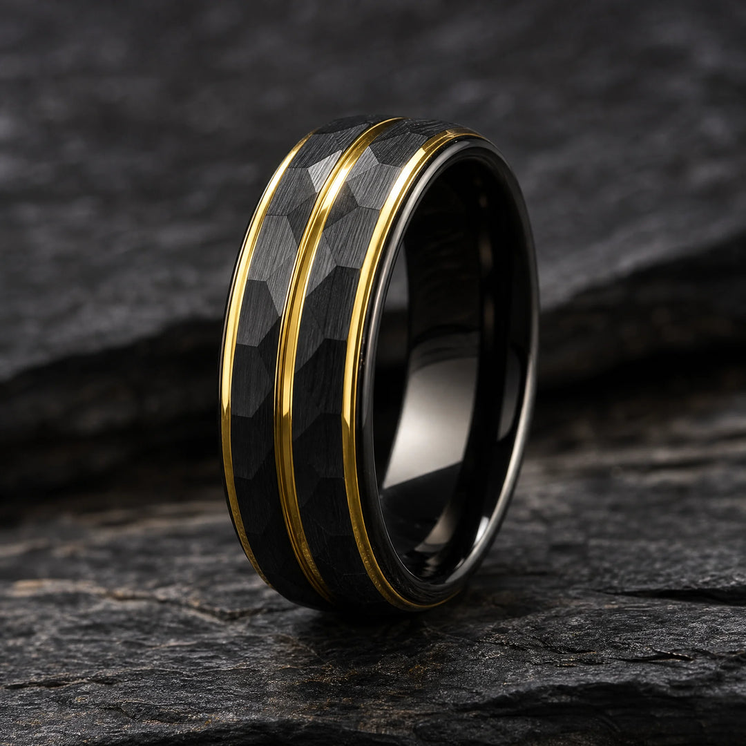 The Citadel Hammered Black Tungsten and Gold ring - hero view
