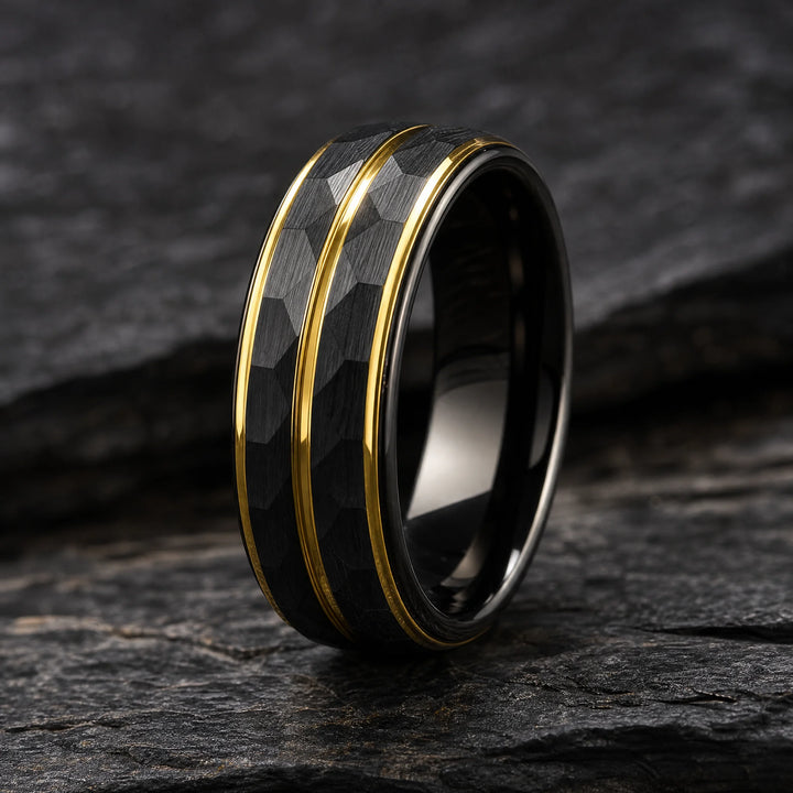 The Citadel Hammered Black Tungsten and Gold ring - hero view