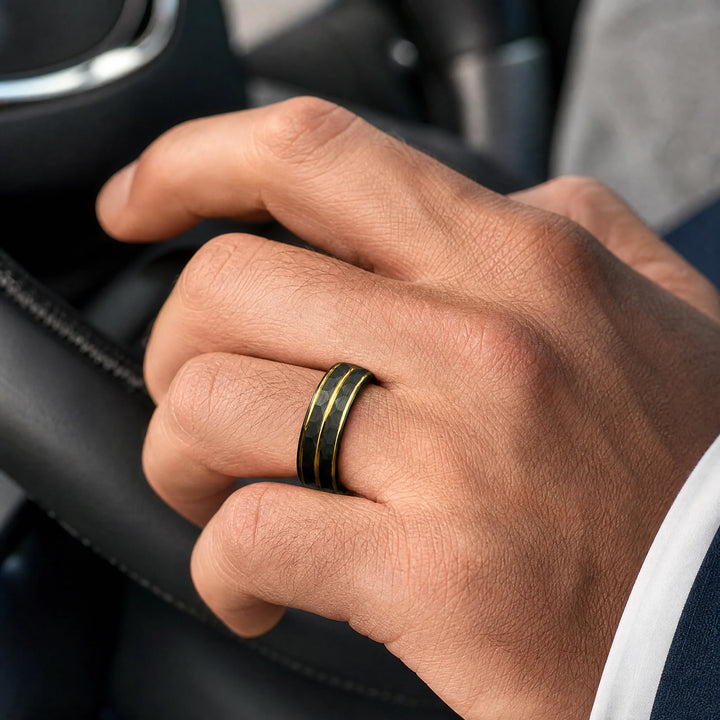 The Citadel Hammered Black Tungsten and Gold ring - on-hand view