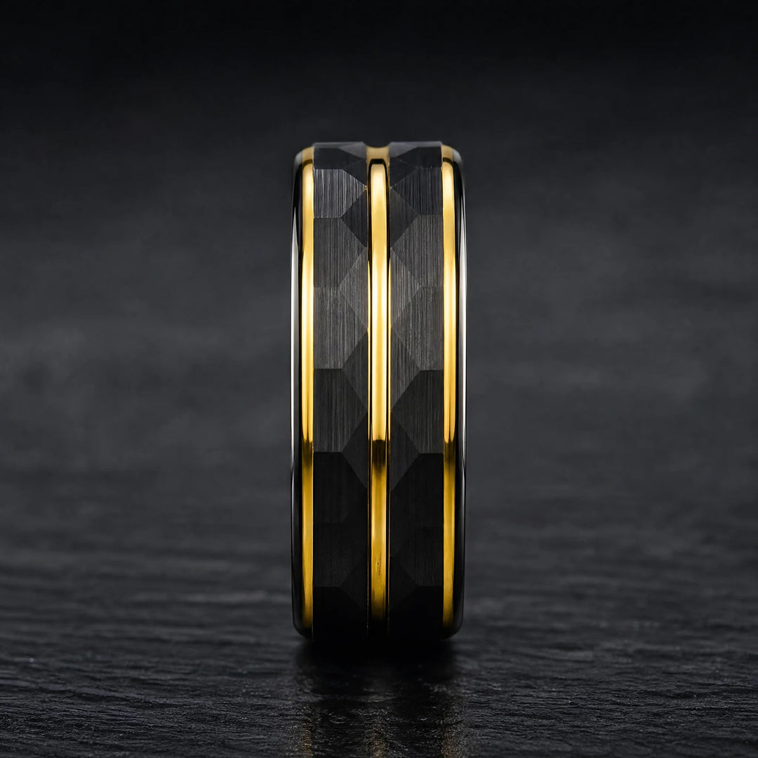 The Citadel Hammered Black Tungsten and Gold ring - side view
