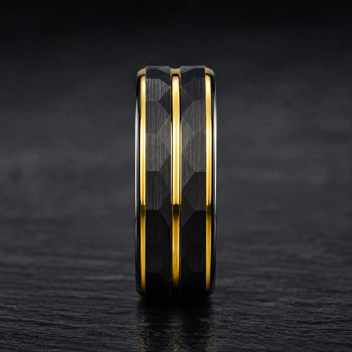 The Citadel Hammered Black Tungsten and Gold ring - side view