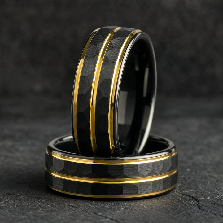 The Citadel Hammered Black Tungsten and Gold ring - stacked view
