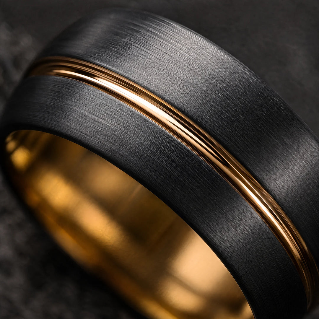 The Datum Black Tungsten &amp; 18K Gold ring - detail view