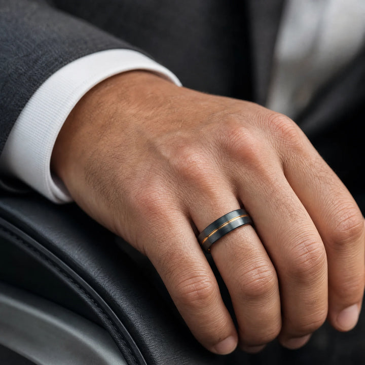 The Datum Black Tungsten &amp; 18K Gold ring - on-hand view