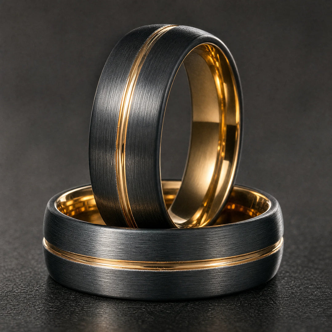 The Datum Black Tungsten &amp; 18K Gold ring - stacked view