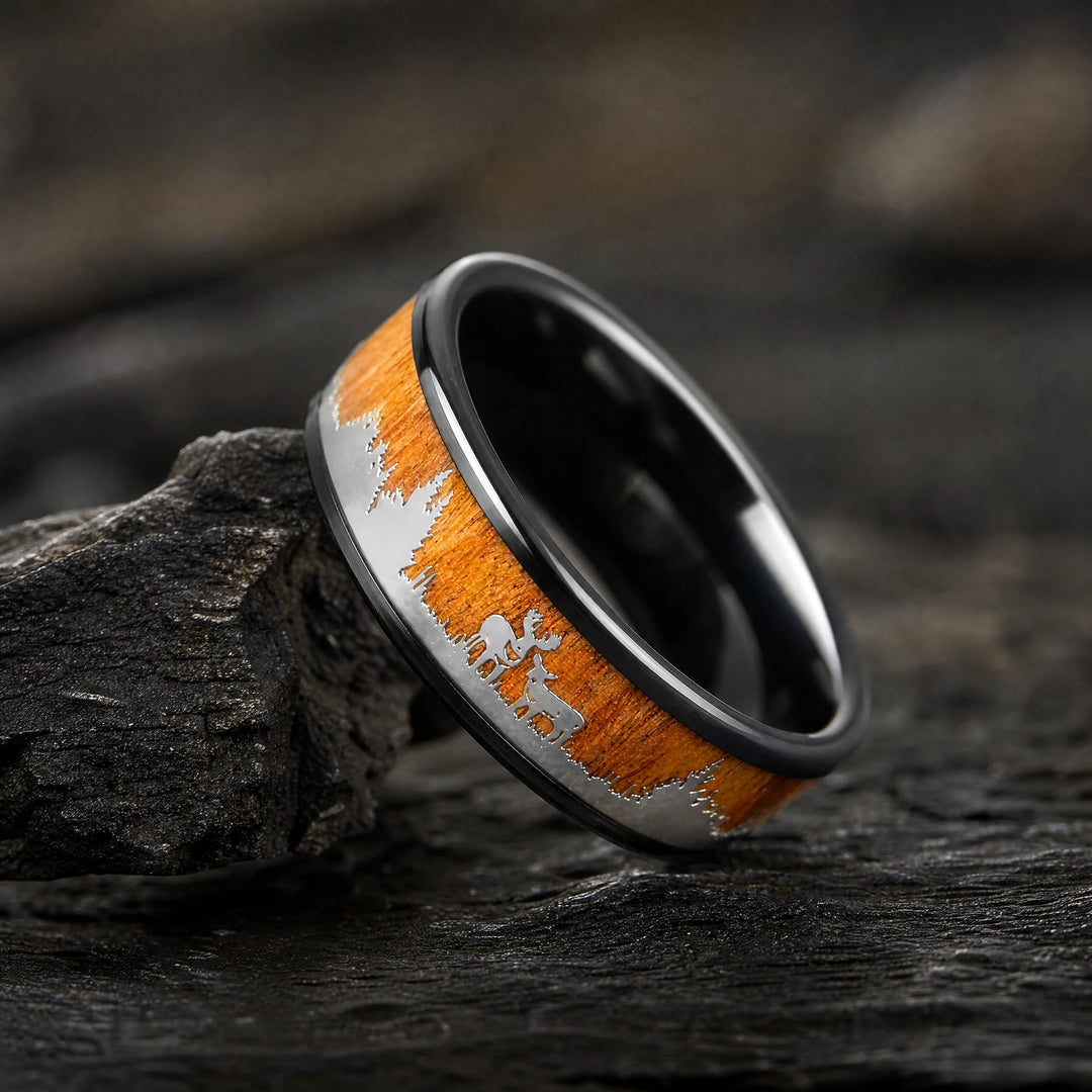 The Dominion Koa wood inlay ring - angled view