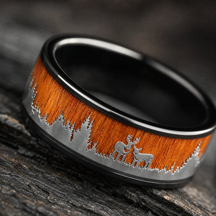 The Dominion etched deer and forest ring - detail view