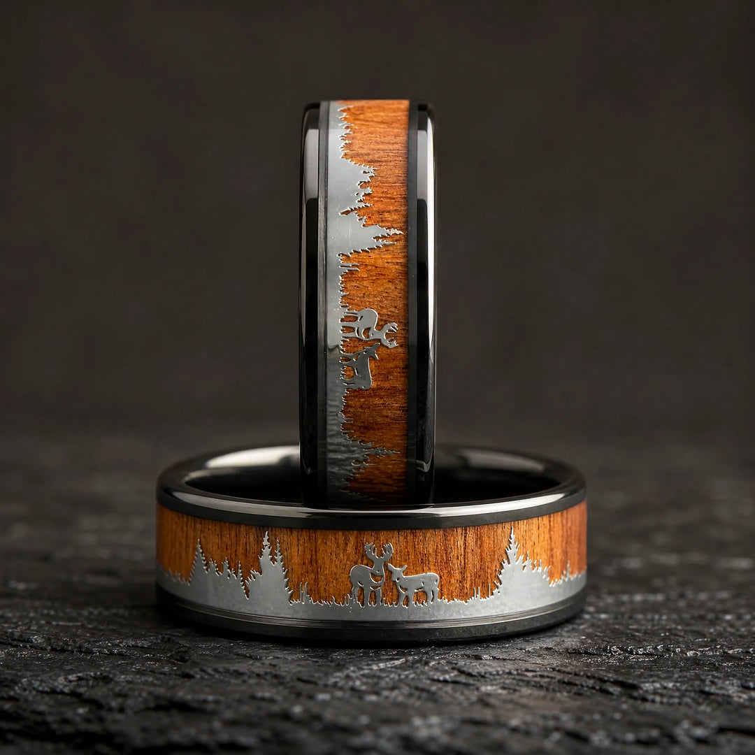 The Dominion black and wood rings - stacked view