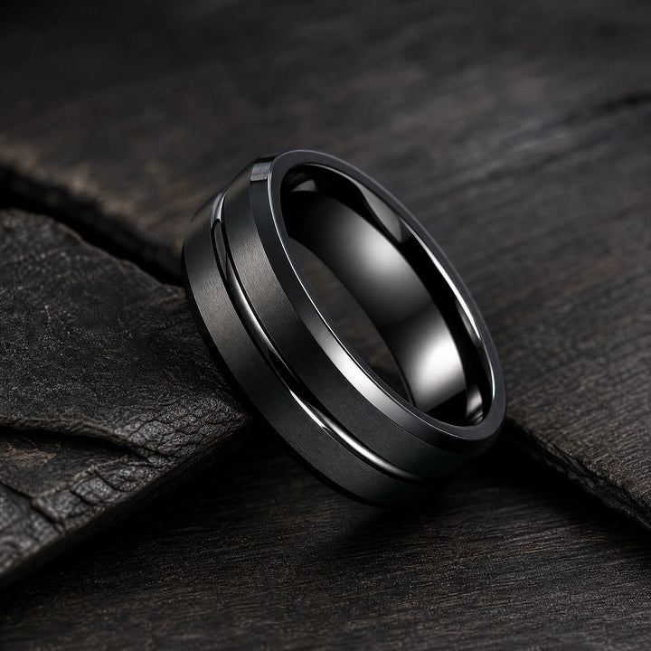 The Interdict Black Tungsten ring - angled view