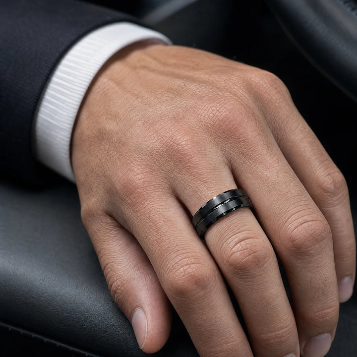 The Interdict Black Tungsten ring - on-hand view