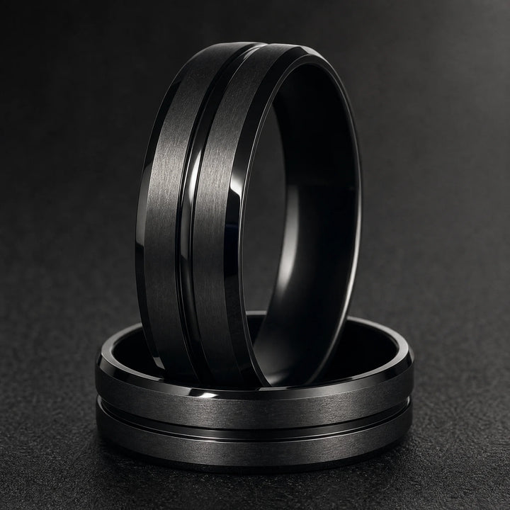 The Interdict Black Tungsten ring - stacked view