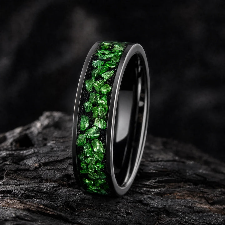 The Isotope Tungsten and Emerald ring - angled view