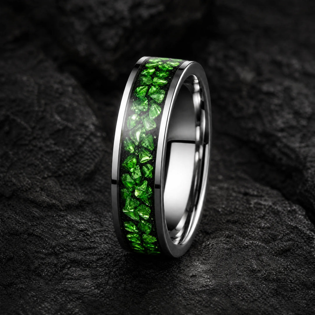 The Isotope Tungsten and Emerald ring - hero view