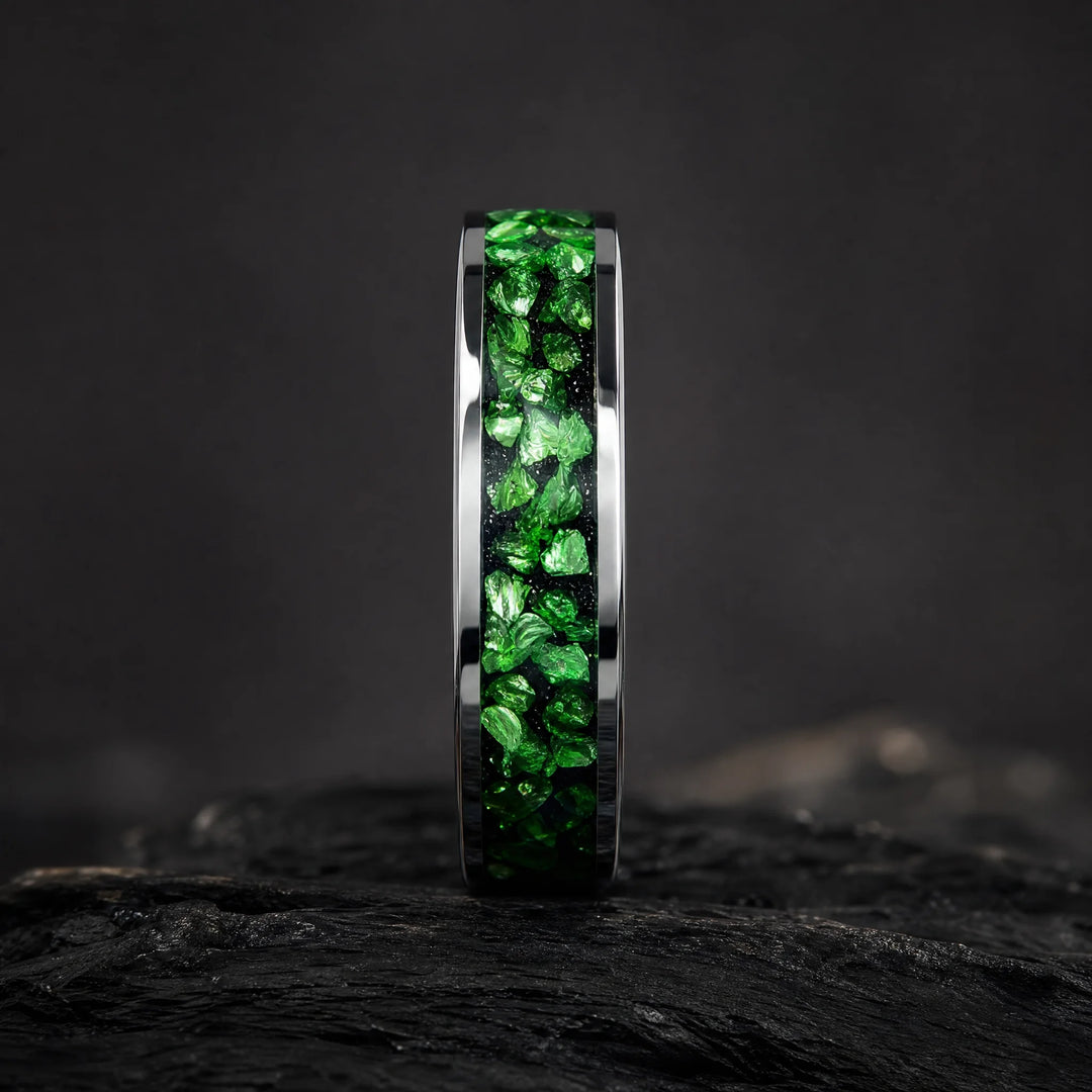 The Isotope Tungsten and Emerald ring - side view