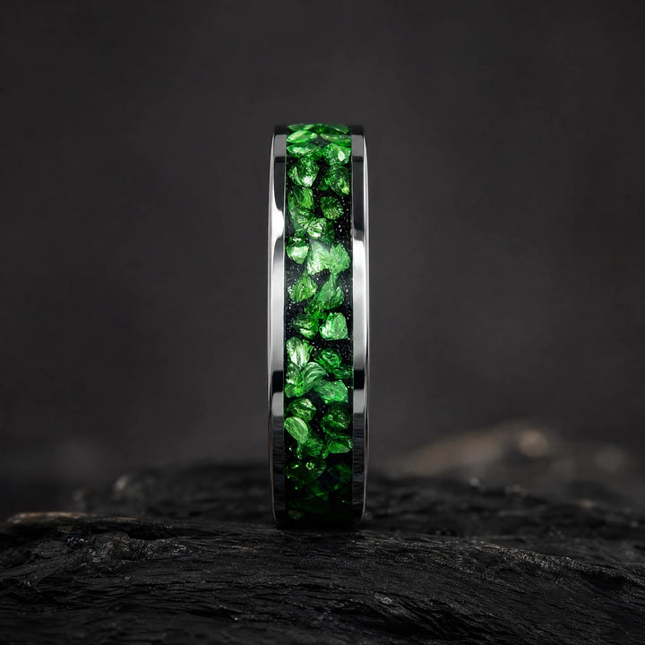 The Isotope Tungsten and Emerald ring - side view