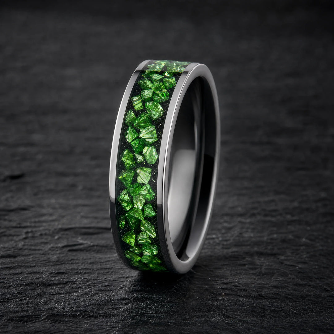 The Isotope Tungsten and Emerald ring - stacked view