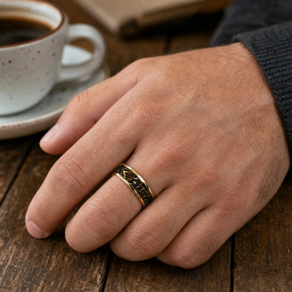 The Kintsugi 18K Gold and Black Sandstone Ring - on-hand view