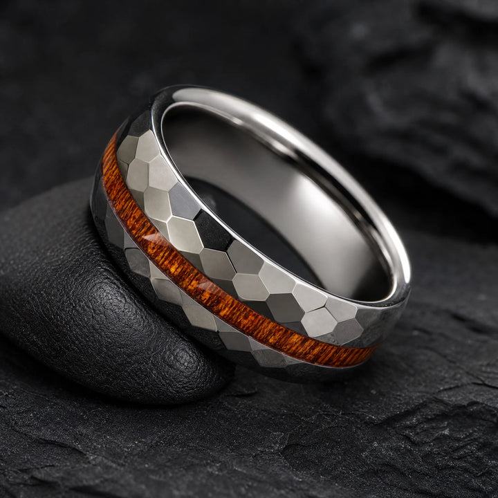 The Lattice Faceted Tungsten and Wood Ring - angled view
