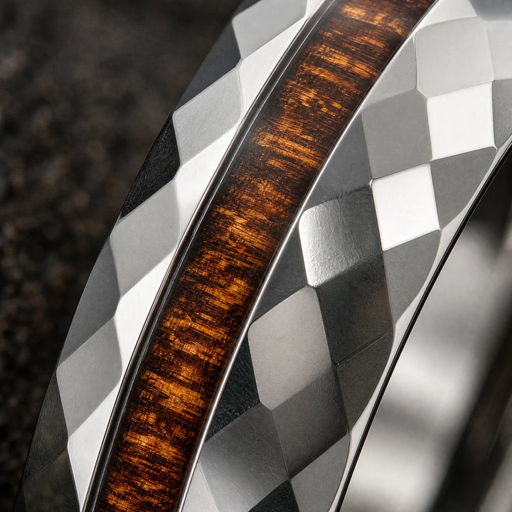 The Lattice Faceted Tungsten and Wood Ring - detail view