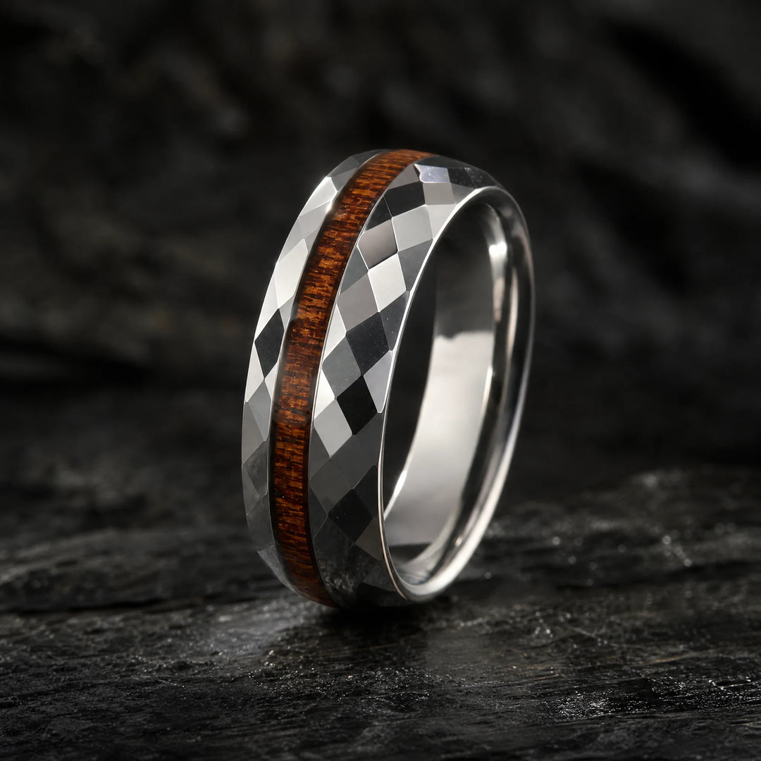 The Lattice Faceted Tungsten and Wood Ring - hero view