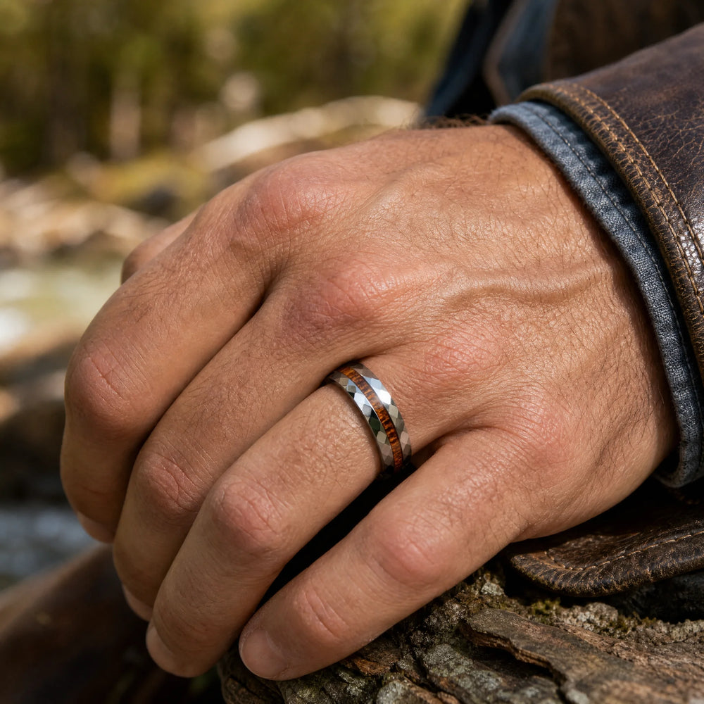 The Lattice Faceted Tungsten and Wood Ring - on-hand view