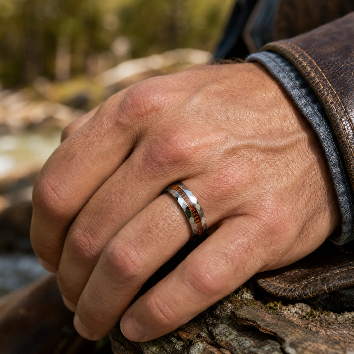 The Lattice Faceted Tungsten and Wood Ring - on-hand view