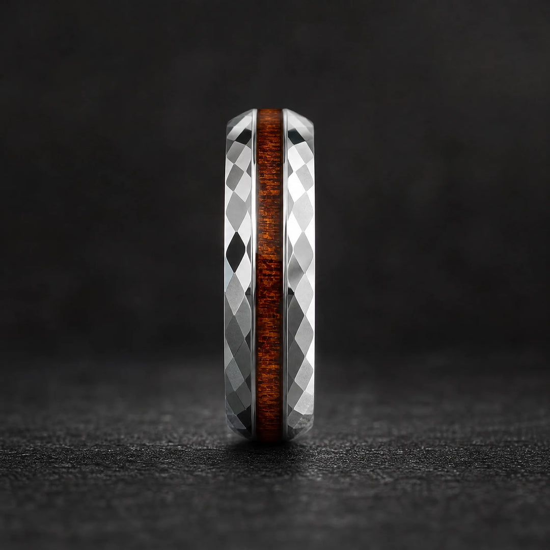 The Lattice Faceted Tungsten and Wood Ring - side view