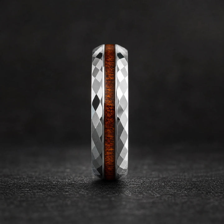 The Lattice Faceted Tungsten and Wood Ring - side view