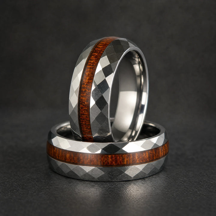 The Lattice Faceted Tungsten and Wood Ring - stacked view