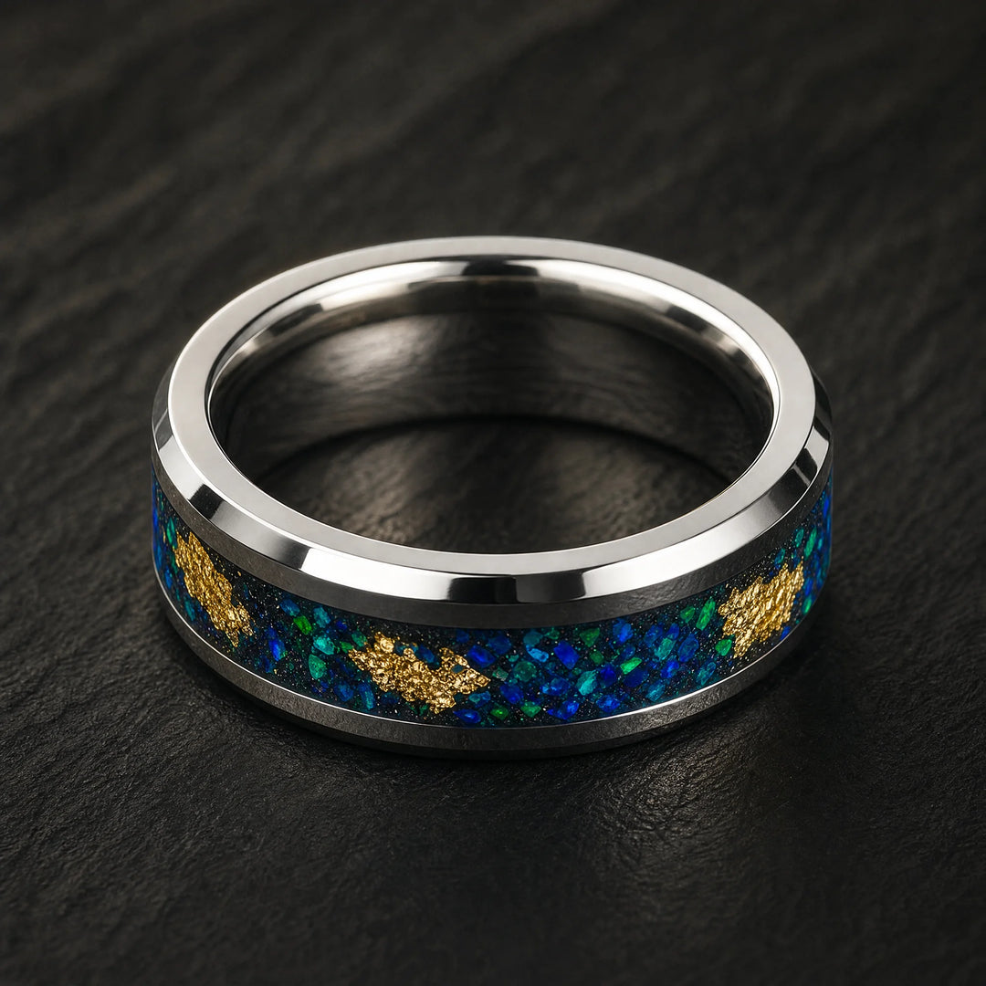 The Leviathan tungsten opal ring - angled view