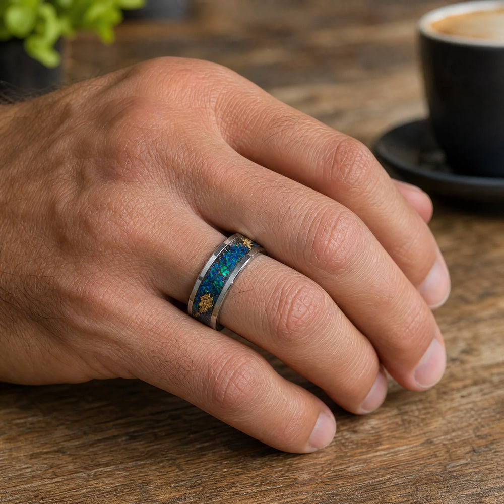 The Leviathan tungsten opal ring - on-hand view