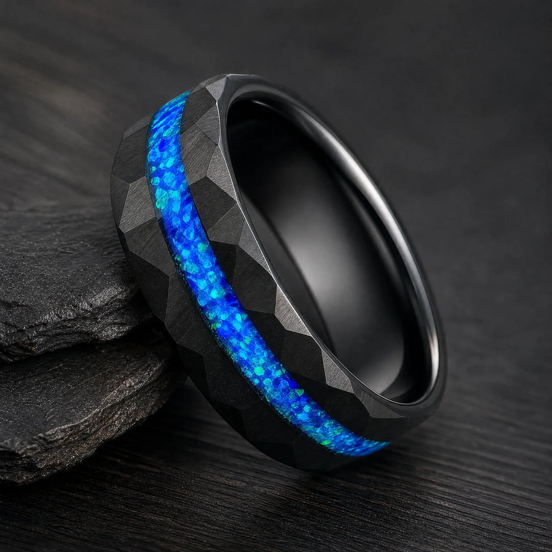 The Leyline hammered tungsten and blue opal ring - angled view